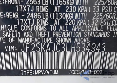 2020 Subaru Forester Premium из США, поврежденный, VIN JF2SKAJC3LH534943